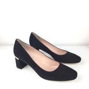 Kate Spade 7.5 Black Suede Gold Trim Chunky Heel